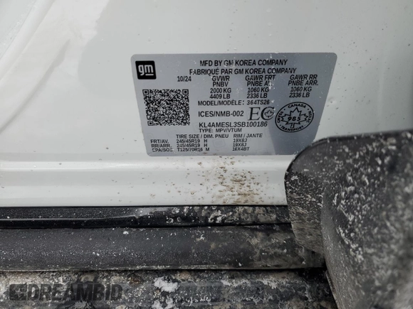 2025 Buick Encore GX Sport Touring with VIN KL4AMESL3SB100186, listed as a Copart auction lot 44016025 with 3,722 mi miles and Salvage title. Bid and sale history available at DreamBid. Image 13.