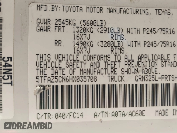 2017 Toyota Tacoma SR5 with VIN 5TFAZ5CN6HX035708, listed as a IAAI auction lot 42117129 with 122,100 mi miles and . Bid and sale history available at DreamBid. Image 9.