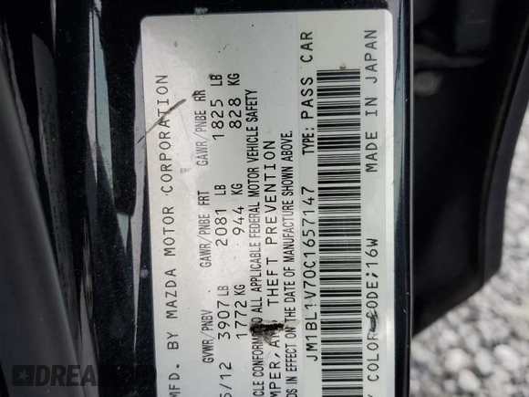 2012 Mazda 3 i Touring with VIN JM1BL1V70C1657147, listed as a Copart auction lot 47831365 with 174,651 mi miles and Salvage Title. Bid and sale history available at DreamBid. Image 12.