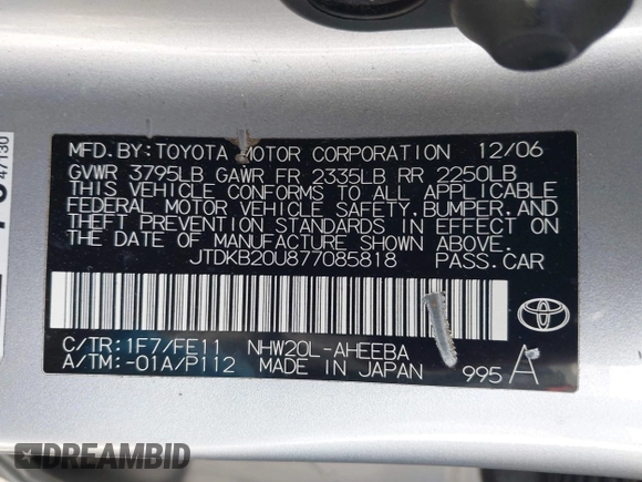 2007 Toyota Prius with VIN JTDKB20U877085818, listed as a IAAI auction lot 42009652 with 192,082 mi miles and . Bid and sale history available at DreamBid. Image 9.