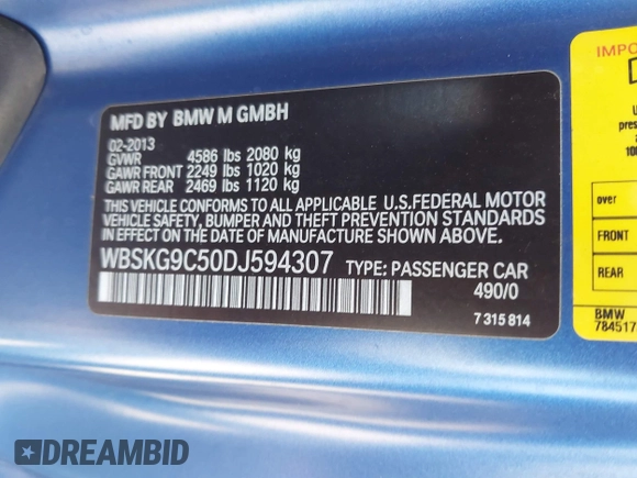 2013 BMW M3 z VIN WBSKG9C50DJ594307, wystawiony jako IAAI lot #41702669 z przebiegiem 80 609 mil mil oraz . Historia ofert i sprzedaży dostępna na DreamBid. Obrazek 9.