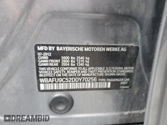 2013 BMW 5 Series 550i xDrive with VIN WBAFU9C52DDY70256, listed as a Copart auction lot 53100075 with 176,876 mi miles and Salvage Title. Bid and sale history available at carsss.com. Image 12.