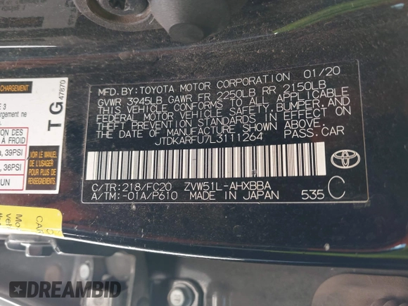 2020 Toyota Prius L Eco с VIN JTDKARFU7L3111264, выставлен на аукционе IAAI как лот 42840874 с пробегом 200 931 миль миль и . История ставок и продаж доступна на DreamBid. Изображение 9.