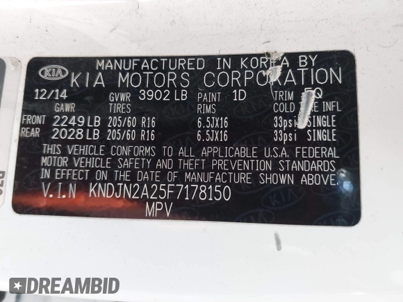 2015 Kia Soul with VIN KNDJN2A25F7178150, listed as a IAAI auction lot 41871680 with 118,487 mi miles. Bid and sale history available at carsss.com. Image 9.