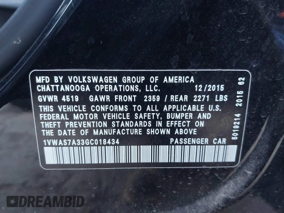 2016 Volkswagen Passat 1.8T R-Line w/Comfort Pkg with VIN 1VWAS7A33GC018434, listed as a IAAI auction lot 41770301 with 151,169 mi miles. Bid and sale history available at carsss.com. Image 9.