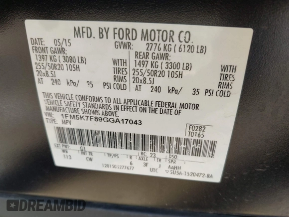 2016 Ford Explorer Limited with VIN 1FM5K7F89GGA17043, listed as a IAAI auction lot 41677190 with 142,030 mi miles and . Bid and sale history available at DreamBid. Image 9.