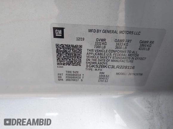 2020 GMC Yukon SLT with VIN 1GKS2BKC3LR228116, listed as a IAAI auction lot 41465949 with 91,198 mi miles. Bid and sale history available at carsss.com. Image 9.