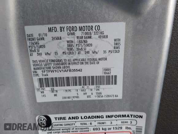 2010 Ford F-150 XL with VIN 1FTFW1CV1AFB35542, listed as a IAAI auction lot 41227137 with 59,530 mi miles. Bid and sale history available at carsss.com. Image 9.