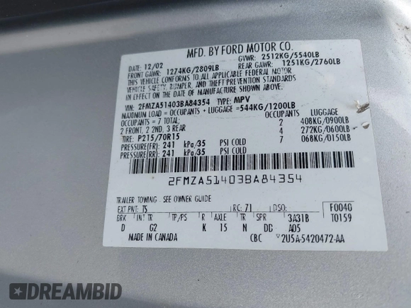 2003 Ford Windstar LX z VIN 2FMZA51403BA84354, wystawiony jako IAAI lot #42246045 z przebiegiem Nie podano mil oraz . Historia ofert i sprzedaży dostępna na DreamBid. Obrazek 9.