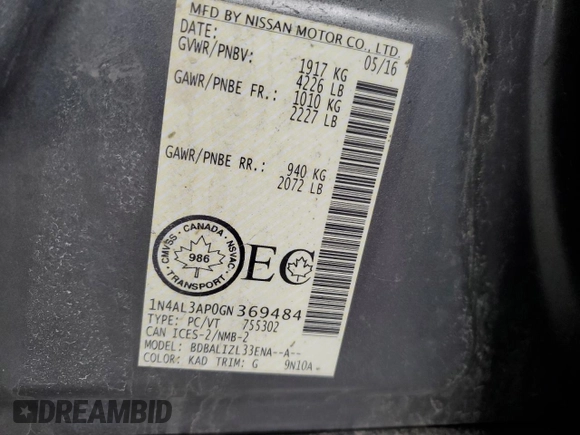 2016 Nissan Altima S with VIN 1N4AL3AP0GN369484, listed as a Copart auction lot 51830065 with 170,565 mi miles and Clean Title. Bid and sale history available at DreamBid. Image 12.