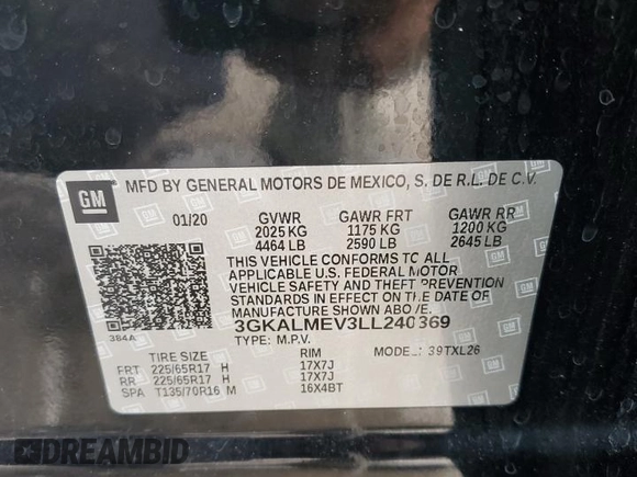 2020 GMC Terrain SLE with VIN 3GKALMEV3LL240369, listed as a Copart auction lot 60046055 with 112,884 mi miles and Salvage title. Bid and sale history available at DreamBid. Image 13.