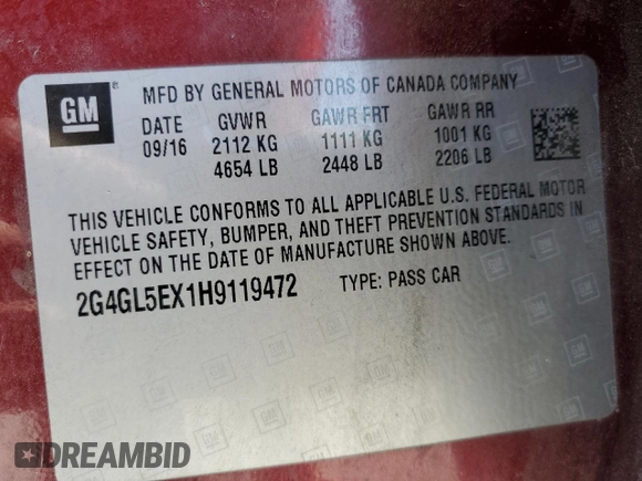 2017 Buick Regal Sport Touring with VIN 2G4GL5EX1H9119472, listed as a Copart auction lot 61468595 with 95,778 mi miles and Salvage title. Bid and sale history available at DreamBid. Image 12.