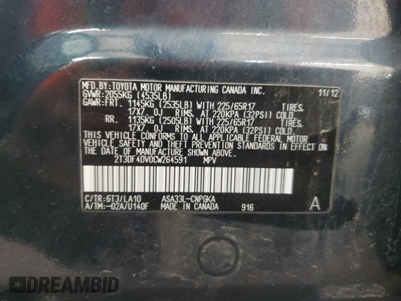 2012 Toyota RAV4 Limited with VIN 2T3DF4DV0CW264591, listed as a Copart auction lot 58598955 with 116,113 mi miles and Salvage title. Bid and sale history available at DreamBid. Image 13.