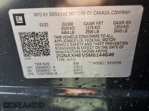 2021 Chevrolet Equinox LS z VIN 2GNAXHEV5M6144649, wystawiony jako Copart lot #54565055 z przebiegiem 61 987 mil mil oraz Szkoda całkowita • Salvage title. Historia ofert i sprzedaży dostępna na DreamBid. Obrazek 13.