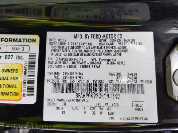 2019 Ford Fusion Titanium with VIN 3FA6P0K93KR243148, listed as a IAAI auction lot 41757469 with 78,859 mi miles. Bid and sale history available at carsss.com. Image 9.