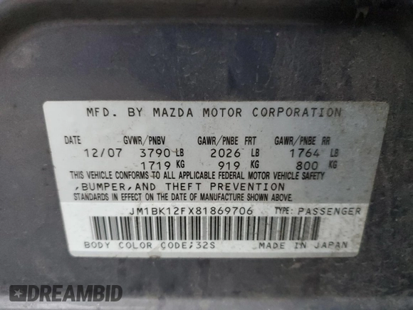 2008 Mazda 3 i Sport with VIN JM1BK12FX81869706, listed as a Copart auction lot 86214464 with Not Provided miles and Clean Title. Bid and sale history available at DreamBid. Image 12.