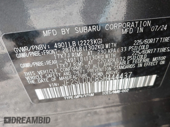 2025 Subaru Forester Premium with VIN JF2SLDDC8SH444437, listed as a IAAI auction lot 41771942 with 4,246 mi miles. Bid and sale history available at carsss.com. Image 9.