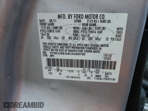 2012 Ford Escape Limited with VIN 1FMCU9EG4CKA65790, listed as a Copart auction lot 53166035 with 216,074 mi miles and Salvage Title. Bid and sale history available at carsss.com. Image 12.