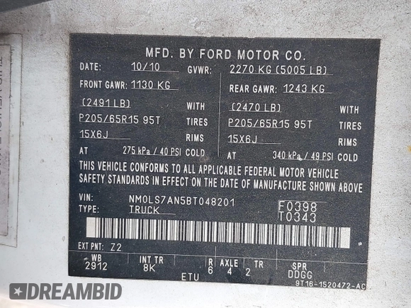 2011 Ford Transit Connect XL with VIN NM0LS7AN5BT048201, listed as a IAAI auction lot 41686687 with 210,318 mi miles and . Bid and sale history available at DreamBid. Image 9.