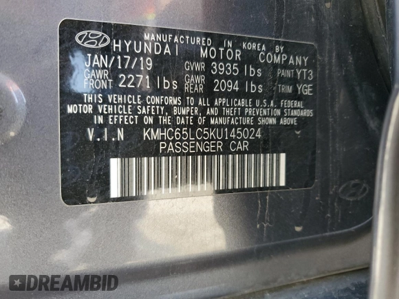 2019 Hyundai Ioniq Blue with VIN KMHC65LC5KU145024, listed as a Copart auction lot 64689825 with 91,418 mi miles and Salvage title. Bid and sale history available at DreamBid. Image 12.