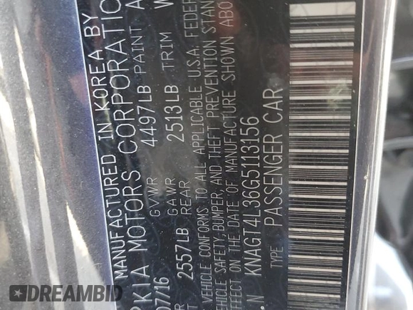 2016 Kia Optima LX z VIN KNAGT4L36G5113156, wystawiony jako Copart lot #55999935 z przebiegiem 88 647 mil mil oraz Szkoda całkowita • Salvage title. Historia ofert i sprzedaży dostępna na DreamBid. Obrazek 12.