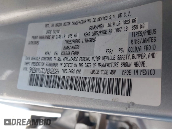 2018 Mazda 3 Sport with VIN 3MZBN1U70JM248025, listed as a IAAI auction lot 42117485 with 62,050 mi miles and . Bid and sale history available at DreamBid. Image 9.