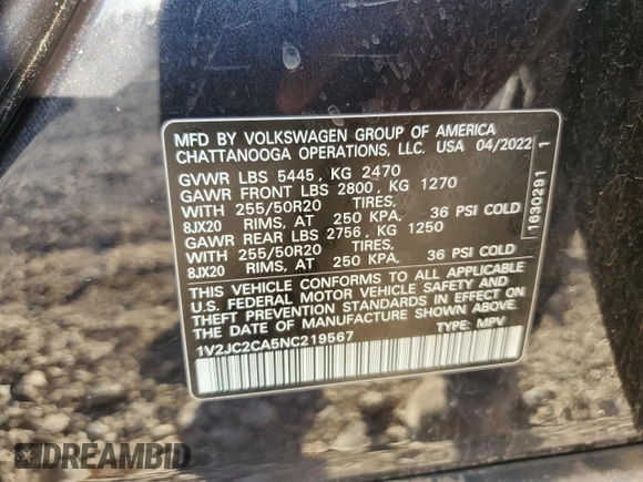 2022 Volkswagen Atlas SE with VIN 1V2JC2CA5NC219567, listed as a Copart auction lot 74005214 with 38,539 mi miles and Salvage title. Bid and sale history available at DreamBid. Image 13.