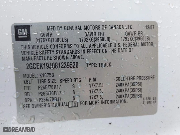2008 Chevrolet Silverado 1500 LT w/1LT with VIN 2GCEK19J081239520, listed as a IAAI auction lot 41688417 with 288,432 mi miles. Bid and sale history available at carsss.com. Image 9.