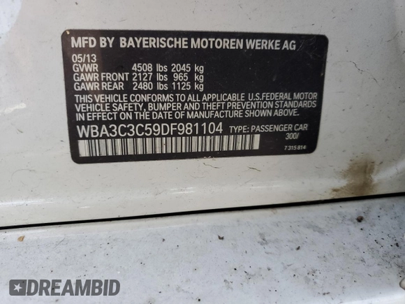 2013 BMW 3 Series 320i xDrive with VIN WBA3C3C59DF981104, listed as a Copart auction lot 78804124 with Not provided miles and Salvage title. Bid and sale history available at DreamBid. Image 12.
