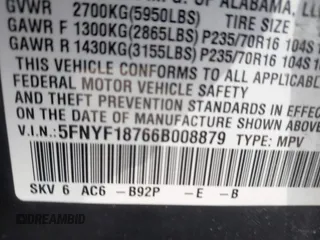 2006 Honda Pilot EX-L with VIN 5FNYF18766B008879, listed as a IAAI auction lot 41797763 with 398,242 mi miles and . Bid and sale history available at DreamBid. Image 9.
