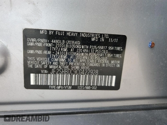 2012 Subaru Forester X Premium with VIN JF2SHBDC9CG422928, listed as a Copart auction lot 58148675 with 57,652 mi miles and Salvage title. Bid and sale history available at DreamBid. Image 12.