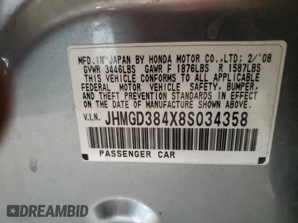 2008 Honda Fit with VIN JHMGD384X8S034358, listed as a Copart auction lot 47859435 with 0 mi miles and Salvage Title. Bid and sale history available at carsss.com. Image 12.