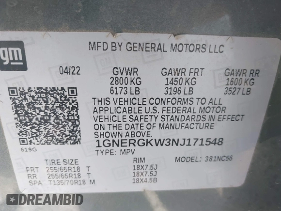 2022 Chevrolet Traverse LT Cloth с VIN 1GNERGKW3NJ171548, выставлен на аукционе IAAI как лот 42506970 с пробегом 39 719 миль миль и . История ставок и продаж доступна на DreamBid. Изображение 9.
