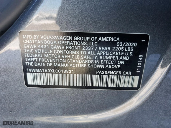 2020 Volkswagen Passat 2.0T R-Line with VIN 1VWMA7A3XLC018831, listed as a Copart auction lot 88109005 with 78,661 mi miles and Salvage Title. Bid and sale history available at carsss.com. Image 14.