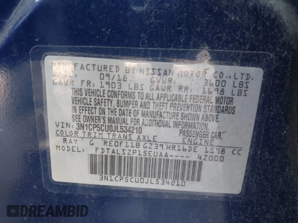 2018 Nissan Kicks SV with VIN 3N1CP5CU0JL534210, listed as a IAAI auction lot 42487662 with 56,227 mi miles and . Bid and sale history available at DreamBid. Image 9.