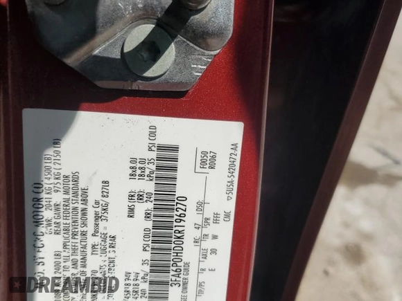 2019 Ford Fusion SE with VIN 3FA6P0HD0KR196270, listed as a Copart auction lot 66917234 with 99,596 mi miles and Salvage Title. Bid and sale history available at DreamBid. Image 12.