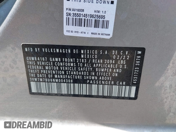 2022 Volkswagen Jetta SE с VIN 3VW7M7BU6NM004308, выставлен на аукционе IAAI как лот 42500472 с пробегом 47 717 миль миль и . История ставок и продаж доступна на DreamBid. Изображение 9.