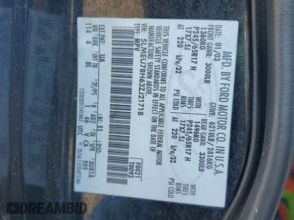 2003 Lincoln Aviator Premium z VIN 5LMEU78H63ZJ21718, wystawiony jako Copart lot #89216575 z przebiegiem 182 697 mil mil oraz Szkoda całkowita • Salvage title. Historia ofert i sprzedaży dostępna na DreamBid. Obrazek 13.