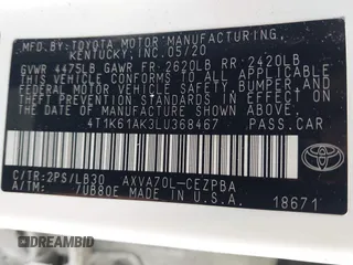 2020 Toyota Camry XSE with VIN 4T1K61AK3LU368467, listed as a IAAI auction lot 42168601 with 78,907 mi miles and . Bid and sale history available at DreamBid. Image 9.