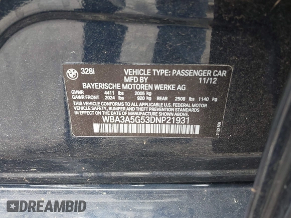 2013 BMW 3 Series 328i with VIN WBA3A5G53DNP21931, listed as a IAAI auction lot 41943707 with 83,696 mi miles. Bid and sale history available at carsss.com. Image 9.