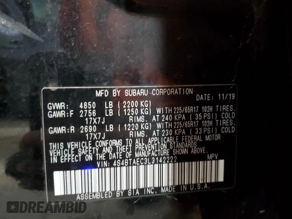 2020 Subaru Outback Premium с VIN 4S4BTAEC3L3142222, выставлен на аукционе Copart как лот 58170625 с пробегом 59 701 миль миль и Списание • Salvage title. История ставок и продаж доступна на DreamBid. Изображение 14.