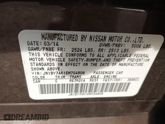 2014 Infiniti Q50 Premium with VIN JN1BV7AR1EM704808, listed as a IAAI auction lot 41854249 with 78,482 mi miles and . Bid and sale history available at DreamBid. Image 9.