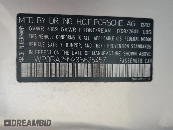 2003 Porsche 911 with VIN WP0BA29923S635457, listed as a Copart auction lot 61446545 with 85,602 mi miles and Salvage title. Bid and sale history available at DreamBid. Image 13.