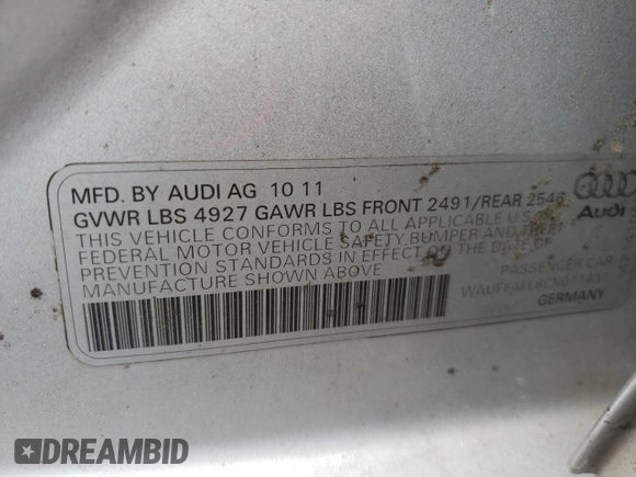 2012 Audi A4 Premium Plus z VIN WAUFFAFL8CN011431, wystawiony jako Copart lot #58014155 z przebiegiem Nie podano mil oraz Szkoda całkowita • Salvage title. Historia ofert i sprzedaży dostępna na DreamBid. Obrazek 13.