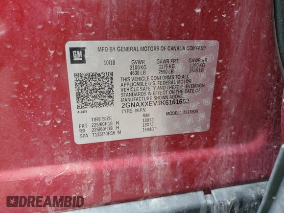 2019 Chevrolet Equinox Premier with VIN 2GNAXXEV3K6161652, listed as a Copart auction lot 50355215 with 83,345 mi miles and Salvage Title. Bid and sale history available at DreamBid. Image 14.