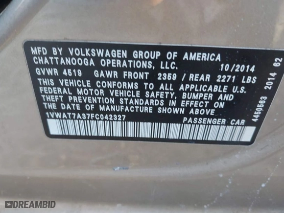 2015 Volkswagen Passat 1.8T S with VIN 1VWAT7A37FC042327, listed as a IAAI auction lot 41839890 with 149,620 mi miles. Bid and sale history available at carsss.com. Image 9.