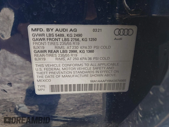 2021 Audi Q5 Premium z VIN WA1AAAFY8M2074985, wystawiony jako IAAI lot #42024998 z przebiegiem 12 778 mil mil oraz . Historia ofert i sprzedaży dostępna na DreamBid. Obrazek 9.