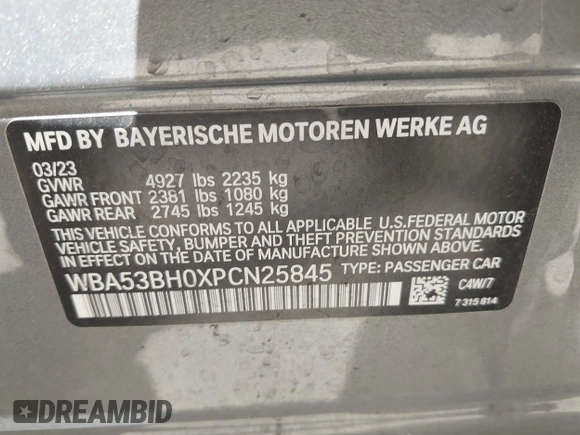 2023 BMW 5 Series 530i with VIN WBA53BH0XPCN25845, listed as a IAAI auction lot 42226987 with 25,717 mi miles and . Bid and sale history available at DreamBid. Image 9.