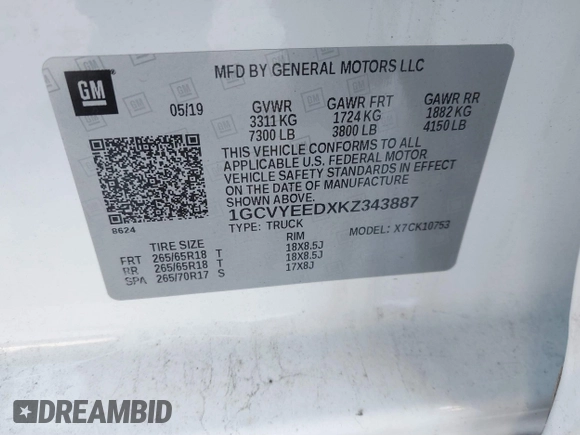 2019 Chevrolet Silverado 1500 with VIN 1GCVYEEDXKZ343887, listed as a IAAI auction lot 41319530 with 60,819 mi miles and . Bid and sale history available at DreamBid. Image 9.