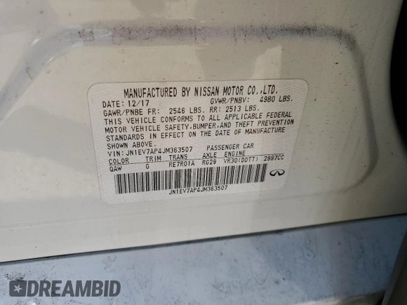 2018 Infiniti Q50 Luxe with VIN JN1EV7AP4JM363507, listed as a Copart auction lot 47868895 with 105,217 mi miles and Salvage Title. Bid and sale history available at DreamBid. Image 13.